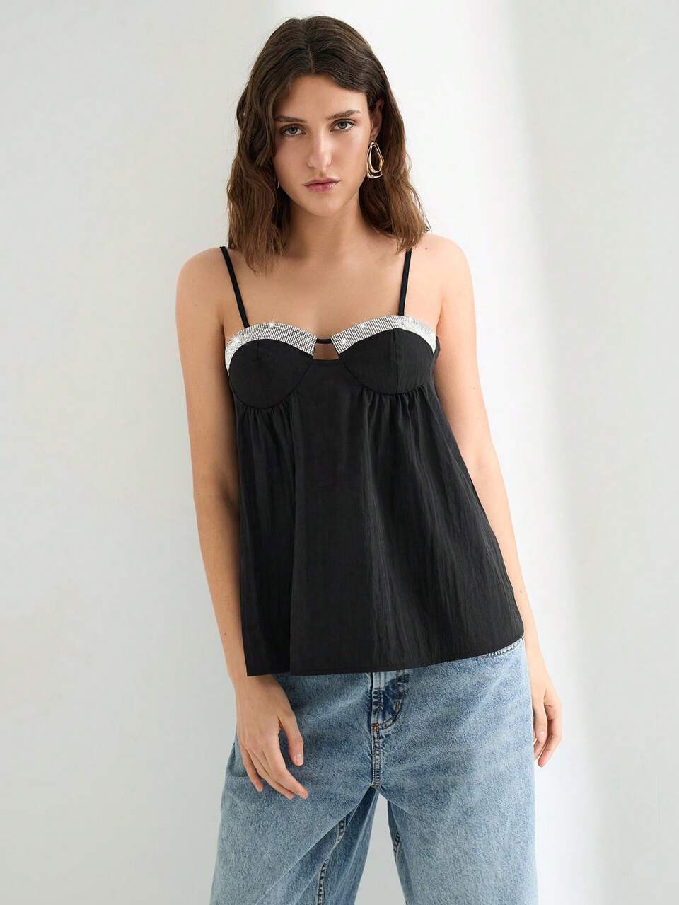SHEIN Maija Women's Rhinestone Decor Pleated Loose Cami Top