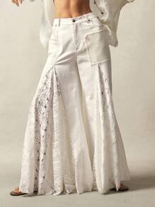 Bohemela Pantalones acampanados de cintura media de unicolor con estilo bohemio patchwork - Blanco - Ver 5