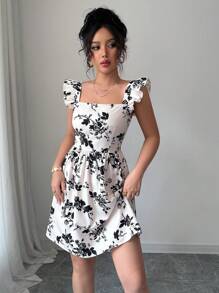 Rafferiza 女式波西米亚风格随机印花盖袖花卉印花连衣裙，适合度假海滩装 - 彩色 - 查看 4