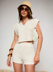 COSMINA 2 Stücke/Set Damen weiße strukturierte Trägertop & Shorts Set, lässiger Urlaubsoutfit - Weiss - Übersicht 5