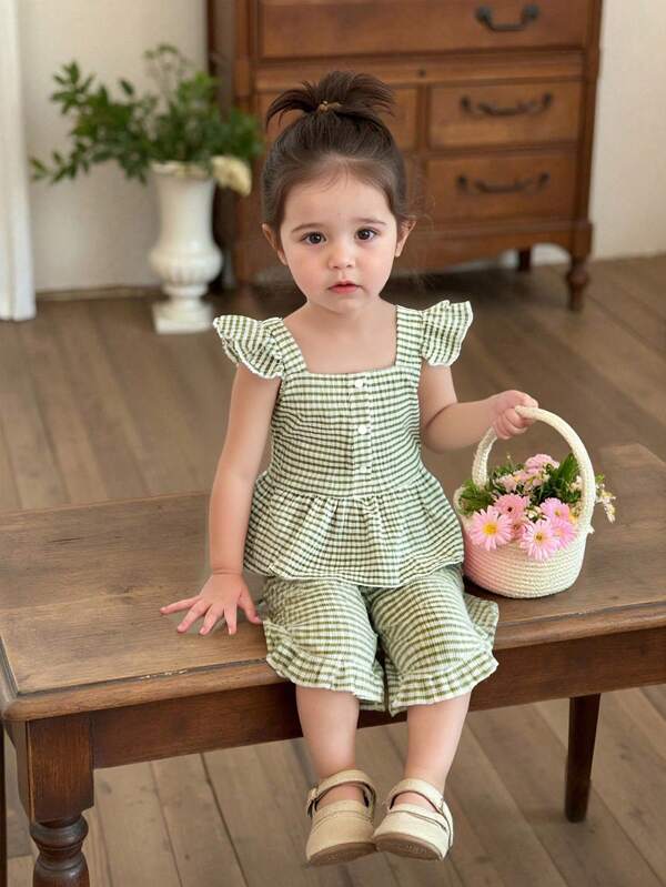SHEIN Vintaside Kids Baby Girl Spring/Summer 2pcs Outfit - Green Lively Cute Style Woven Fabric Cami Top With Button Detail, Elastic Waist Loose Shorts, Suitable For Outings, Travel