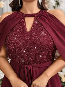 SHEIN Unity 大码优雅派对和婚礼季节船领亮片拼接雪纺高腰 A 字连衣裙