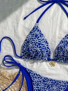 Swim Mod Textured Halter Triangle Spaghetti Strap Bikini Set With Tie-Side Bottoms For Summer Beach Vacation - Royal Blue - View 3