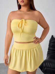 SHEIN Clasi 2 piezas Conjunto casual de top corto con cordón y mini falda liso talla grande para mujer en verano - Amarillo - Ver 6