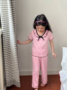 Young Girls Ruffle Bow Round Neck Short Sleeve Top And Loose Pants 2pcs Sleepwear Set - Baby Pink - View 4