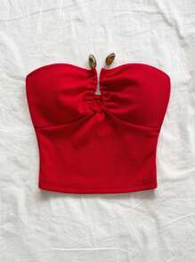 Soleia Women's Wine Red Jacquard Textured Fabric Bandeau Cropped Top With Asymmetrical U-Shaped Buckle Ruched Design, Fitted Silhouette, Suitable For Party, Valentine's Day, Date, Afternoon Tea, Urban Street & Holiday