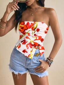 Studio Sense Mädchen-Kernkasual enges rotes Blumen-Muster trägerlos Crop Top für Damen, für Sommer, Urlaub, Ausgehen, Festival - Rosenrot - Übersicht 7