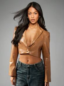 MISSGUIDED Cropped -Embossed Vegan Leather Blazer Spring Professional Office Interview Workwear Party Outerwear Chic Business Modern Woman Single Button Jacket - Mocha Brown - View 1