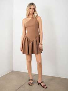 SNOW XUE GAO Light Brown Asymmetric Neckline Pleated Mini Dress Fashion Sundress Summer Vacation Outfits Dress For Women - Brown - View 1