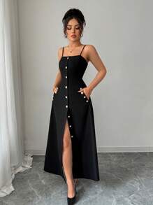 Elenzga Robe longue ajustée avec décorations de boutons sur les bretelles, élégante et gracieuse, convient pour le quotidien décontracté et les soirées