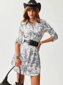 Wildy Summer American Western Open Front Casual Vacation & Commute Vintage Short Dress Boho Chic Old Money Style