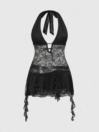 Grunge Punk Plus Size Lace See-Through Backless Halter Neck Sexy Dress