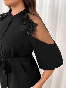 Firerie Plus Size Women 3D Embroidered Patchwork Long Elegant Blouse In Black - Black - View 13