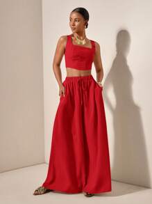 Zivah 新款春夏度假休闲鱼骨背带上衣和阔腿裤带口袋两件套，纹理面料 - B - 紅色 - 查看 7