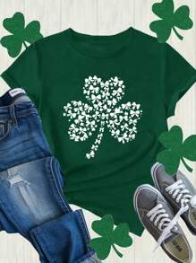 INAWLY Women's Clover Print Short Sleeve Crew Neck T-Shirt - Dark Green - View 1