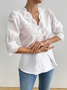 Pariaura Stylish & Slimming Floral Embroidery Blouse Top - White - View 3