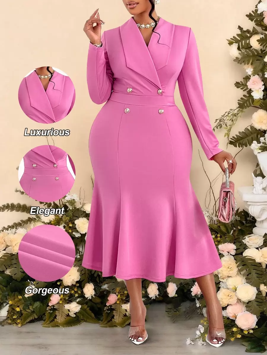 Maweii 女士时尚优雅女士双排扣西装领连衣裙长款女士服装、正式女士连衣裙、商务休闲 - 粉色 - 查看 1