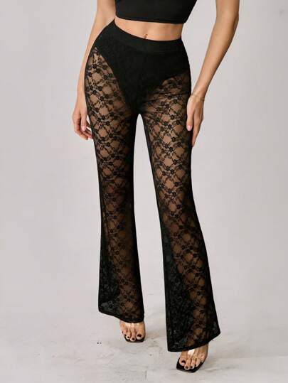 SHEIN Tall Y2K夏季蕾丝三角裤带三角裤防走光透视阔腿裤时尚百搭