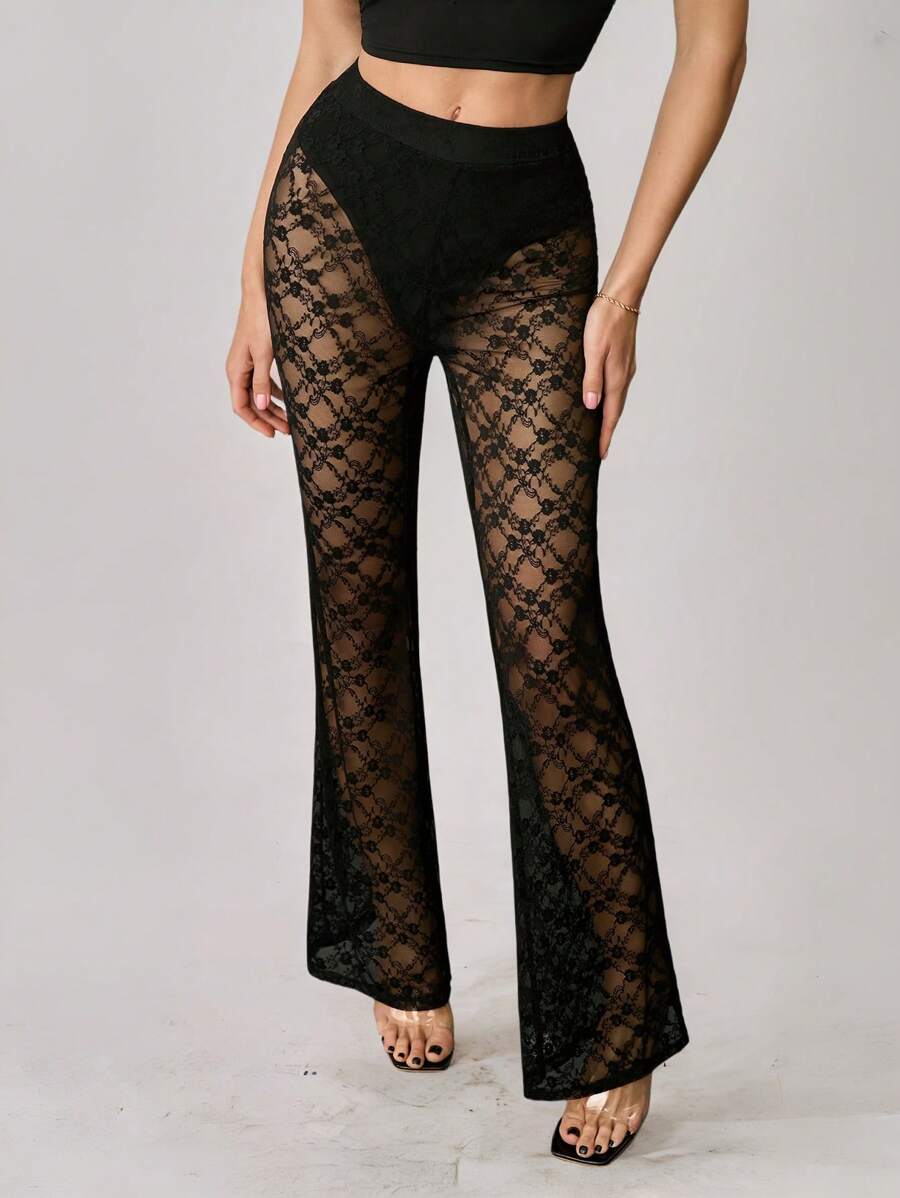 SHEIN Tall Y2K夏季蕾丝三角裤带三角裤防走光透视阔腿裤时尚百搭 - 黑色 - 查看 1