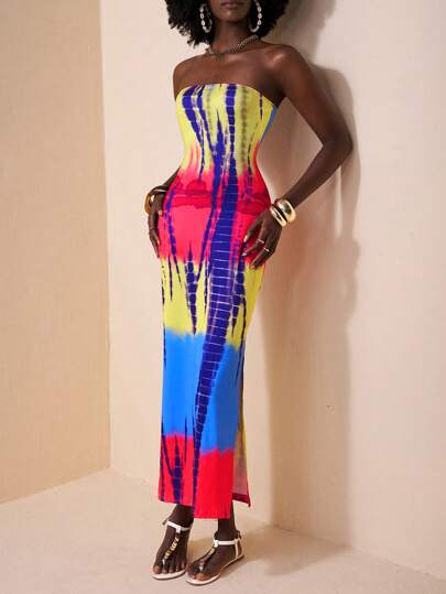 Zivah Vacation Tie Dye Bodycon Split Hem Tube Sommarklänning