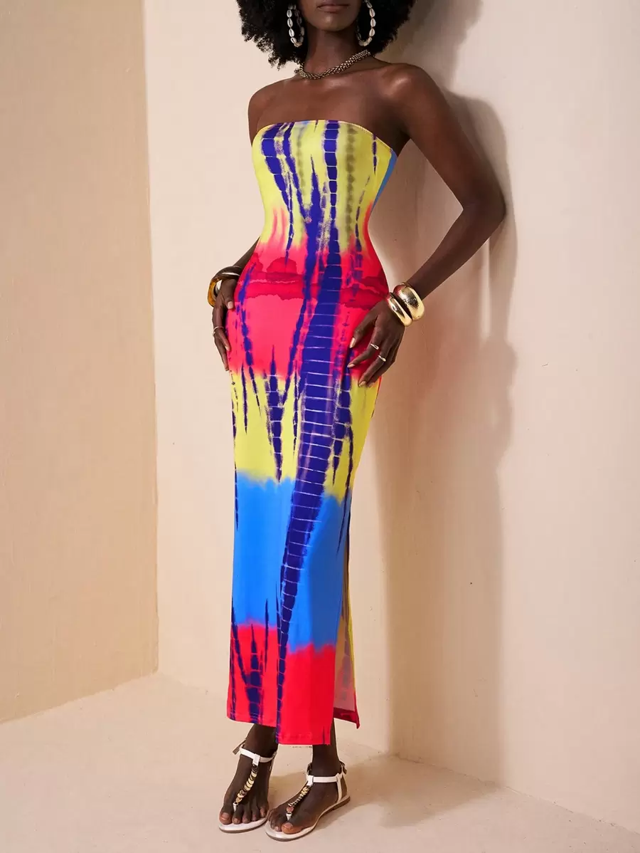 Zivah Vacation Tie Dye Bodycon Split Hem Tube Summer Dress - Multicolor - View 1
