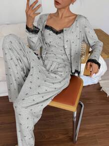 DAZY 3pcs/Set Spring Bow Allover Print Color Block Lace Patchwork Camisole Top & Pants Pajama Sleepwear Set - Grey - View 7