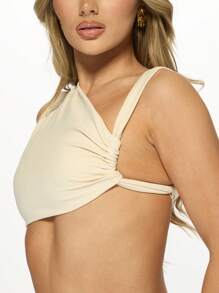 MISSGUIDED Twist Front Two-Piece Set With High Waist Mini Skirt Asymmetric One Shoulder Crop Top Club Party Night Out Outfit Cut Out Design Bodycon Coordinates - Apricot - View 4