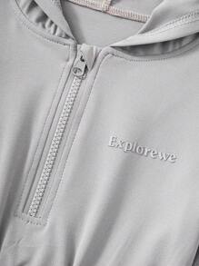 Young Girl Letter Print Short Sleeve Zip Placket Hooded Casual Jumpsuit - Grey - View 4
