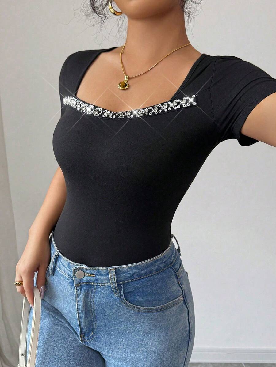 Chiquease Women's Square Neck Rhinestone Decorated Elastic Knit T-Shirt, Spring/Summer