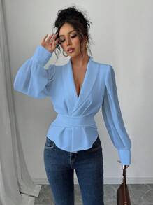 Elenzga 25pcs New Elegant Solid Color Collared Cinched Waist Cross Strap Puff Sleeve Mesh Panel Long Sleeve Blouse
