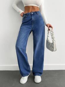 SHEIN Cottnline Slant Pocket High Waist Straight Leg Jeans - Medium Wash - View 5