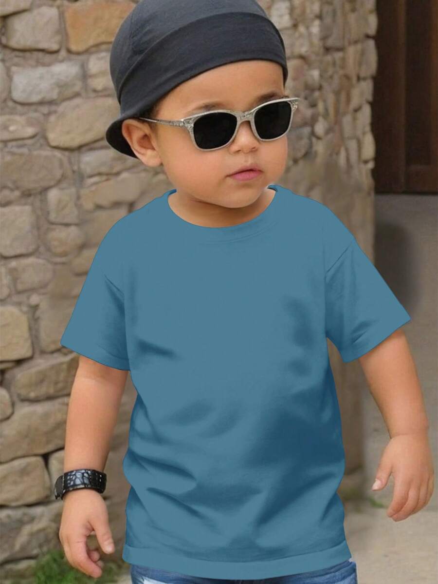 SHEIN Boys Casual Round Neck Short Sleeve T-Shirt, Suitable For Summer - Dusty Blue - View 1