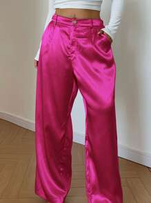 POPSWAY Sheen Solid Seamless Side Pocket Straight Leg Pants, Women Summer Outfits Fall Cloth For Women - Hot Pink - View 1