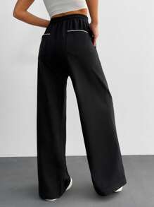 EURMUSE Women's Solid Seam Detailed Drawstring Sweatpants - Black - View 2