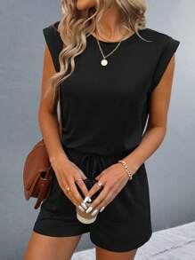 SHEIN PETITE Bộ đồ liền thân không tay cổ tròn màu trơn mùa hè cho nữ có túi nơ - màu đen - Xem 6
