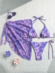 Swim Mod 3 件套女士夏季沙滩装，随机花卉印花露背系腰沙滩裙和复古比基尼 - 彩色 - 查看 2