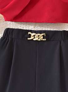 Sparklyn 2pcs/Set Tween Girls Red Bow Strap Tank Top Matching Black Shorts With Metal Waistband, Elegant Spring/Summer Outfit Summer Holiday - Red - View 5