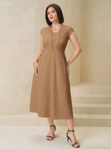 SHEIN Clasi Plus Size Elegant Button Decor Office Dress - Khaki - View 5