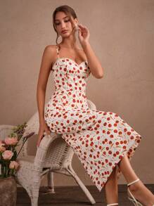 SHEIN Unity Mùa hè mới đến Sexy French Cherry Print Spaghetti Strap Bodycon Dress, thanh lịch - Nhiều màu - Xem 1