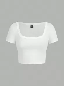 SHEIN EZwear 4 件装休闲简约方领圆领短袖修身短款上衣 T 恤女款，适合夏季 - 彩色 - 查看 3