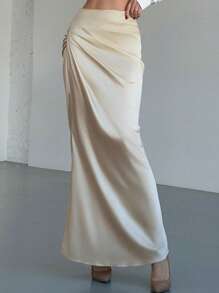 Firerie 优雅浪漫纯色缎面长裙，简约设计，适合约会、工作、百搭、春夏演唱会狂欢女性、毕业典礼、女性教师、返校 - 杏色 - 查看 7