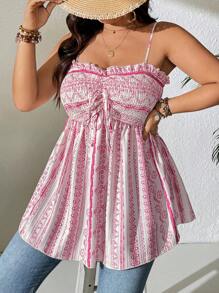 SHEIN Clasi Plus Size Ruffle Collar Gathered Folds A-Line Varied Color Vacation & Casual Camisole - Multicolor - View 7