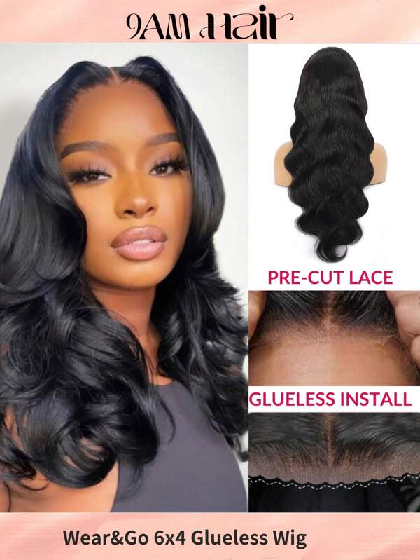 Wear&Go 6X4 Body Wave Perucă din păr uman Perucă fără adeziv Frontală din dantelă transparentă Pre-smulsă Perucă cu închidere din dantelă Culoarea neagră naturală Păr virgin Pentru femei Prietenos pentru începători Capac respirabil Simțiți fluxul de aer toată ziua