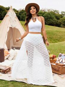 SHEIN LUNE Plus Size Bohemian Style Lace Elastic Waist Slit Skirt For Women - White - View 4