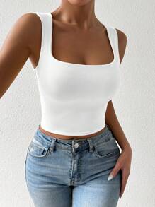 SHEIN ChicEase 白色休闲基础短款无袖上衣、紧身上衣、基本款上衣、外出上衣、女士夏季上衣、沙滩 - 白色 - 查看 3