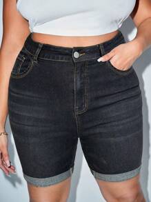 SHEIN SXY Plus Size Women Pocketed Cuffed Hem Skinny Casual Denim Shorts - Dark Grey - View 1