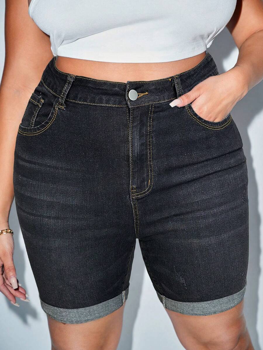 SHEIN SXY Plus Size Women Pocketed Cuffed Hem Skinny Casual Denim Shorts - Dark Grey - View 1