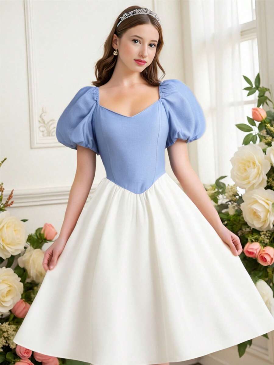 SHEIN Teen Girls' Short Sleeve Color Block Simple Fashion Summer Dress - Blue and White - View 1