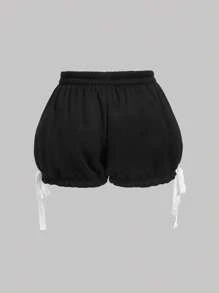 SHEIN MOD Plus Size  Black Lace Patchwork Bowknot Tie Waist Cute Girl Shorts.Cute  Summer Shorts Women - Black - View 2