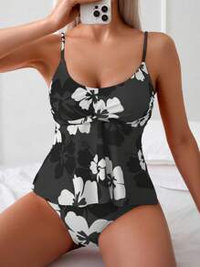 Swim Lushoire Women Floral Print Casual Spaghetti Strap Bralette Tankini Swimwear Set - Random Print